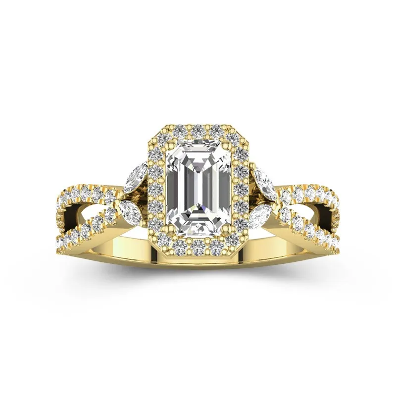 1 CT Emerald Cut Moissanite Twisted Halo Infinity Leaf Engagement Ring 14K Yellow Gold