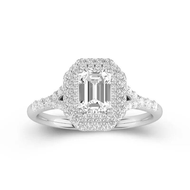 Emerald Cut 0.8 CT Moissanite Ring With Double Halo Micro Pave Split Shank 14K White Gold