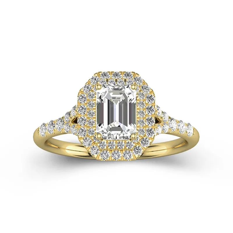 Emerald Cut 0.8 CT Moissanite Ring With Double Halo Micro Pave Split Shank 14K Yellow Gold