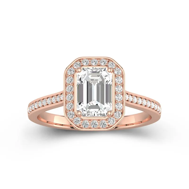 1 CT Emerald Cut Moissanite Halo Classic Engagement Ring 14K Rose Gold