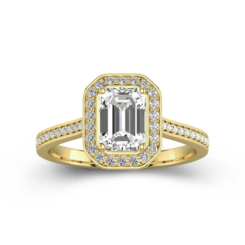1 CT Emerald Cut Moissanite Halo Classic Engagement Ring 14K Yellow Gold