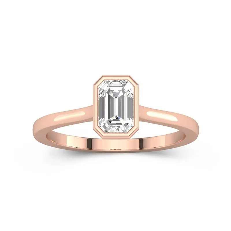 1 CT Emerald Cut Bezel Set Solitaire Engagement Ring For Women 14K Rose Gold