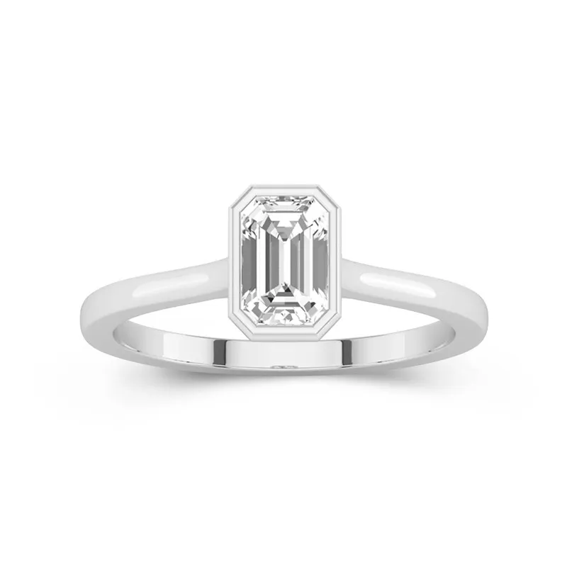 1 CT Emerald Cut Bezel Set Solitaire Engagement Ring For Women 14K White Gold