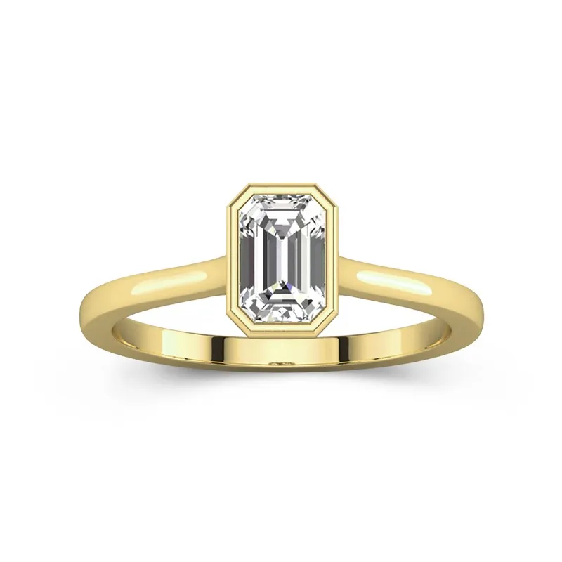 1 CT Emerald Cut Bezel Set Solitaire Engagement Ring For Women 14K Yellow Gold