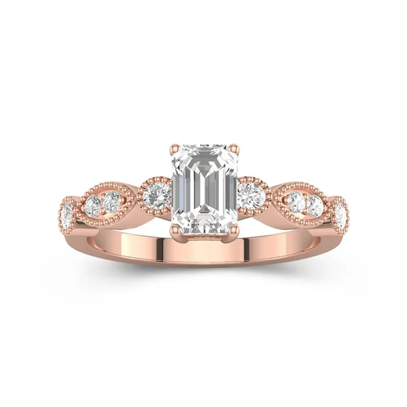 1 CT Emerald Cut Vintage Style Engagement Ring With Beaded Dotted 14K Rose Gold