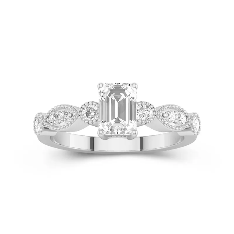 1 CT Emerald Cut Vintage Style Engagement Ring With Beaded Dotted 14K White Gold