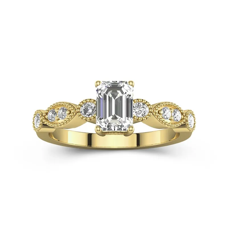 1 CT Emerald Cut Vintage Style Engagement Ring With Beaded Dotted 14K Yellow Gold