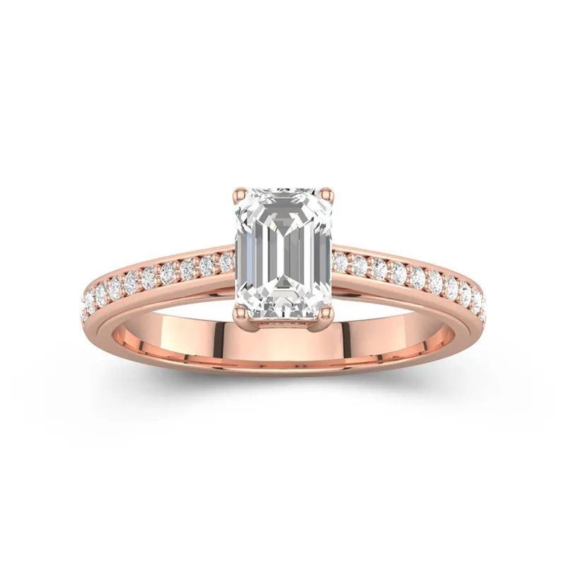 1 CT Emerald Cut Moissanite Channel Cathedral Engagement Ring Simple Style 14K Rose Gold