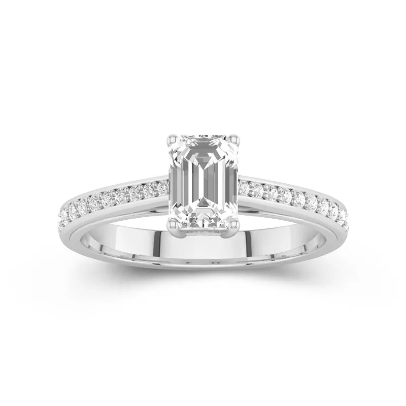 1 CT Emerald Cut Moissanite Channel Cathedral Engagement Ring Simple Style 14K White Gold
