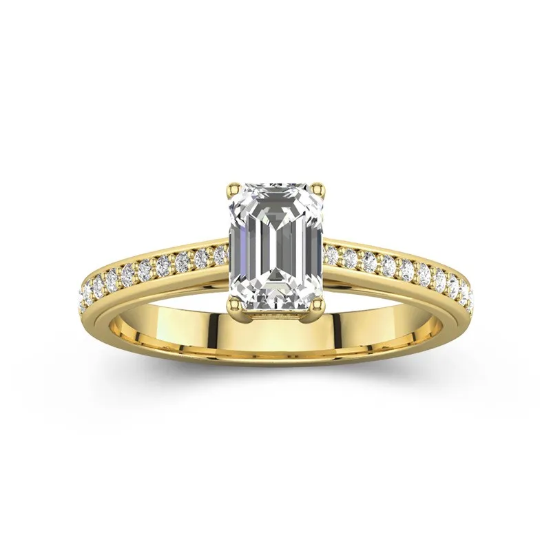 1 CT Emerald Cut Moissanite Channel Cathedral Engagement Ring Simple Style 14K Yellow Gold