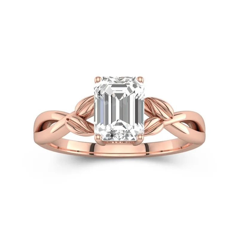 2 CT Emerald Cut Custom Twisted Engagement Ring With Leaf Nature Style For Women 14K Rose Gold