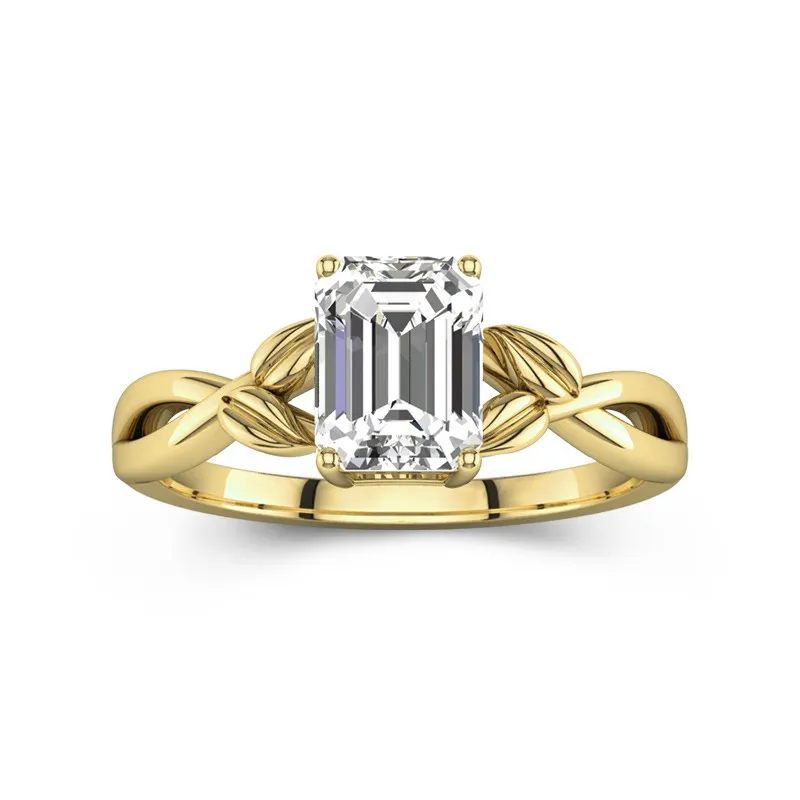 2 CT Emerald Cut Custom Twisted Engagement Ring With Leaf Nature Style For Women 14K Yellow Gold