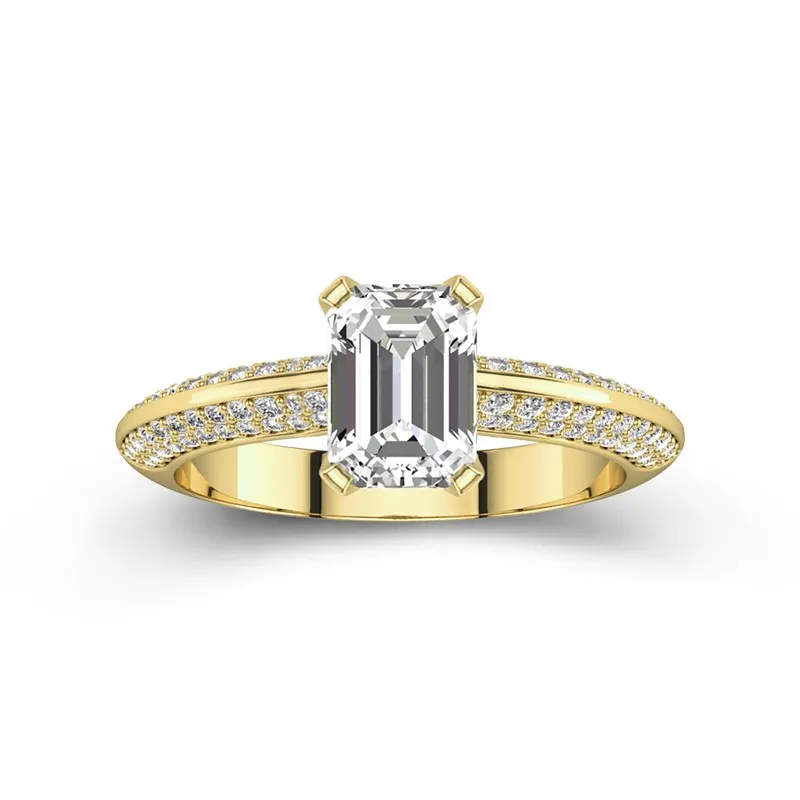 2 CT Emerald Cut Moissanite Pave Engagement Ring For Women 14K Yellow Gold