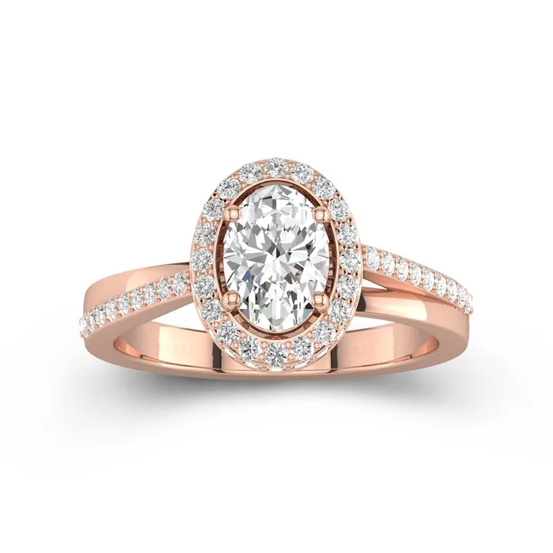 1 CT Oval Cut Halo Engagement Ring Split Shank With Stones Accented 14K Rose Gold