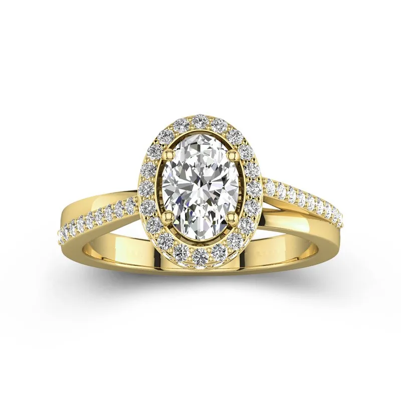 1 CT Oval Cut Halo Engagement Ring Split Shank With Stones Accented 14K Yellow Gold