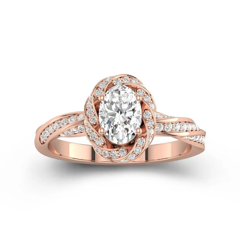 1 CT Oval Cut Twisted Pave Engagement Ring With Halo Design For Women 14K Rose Gold
