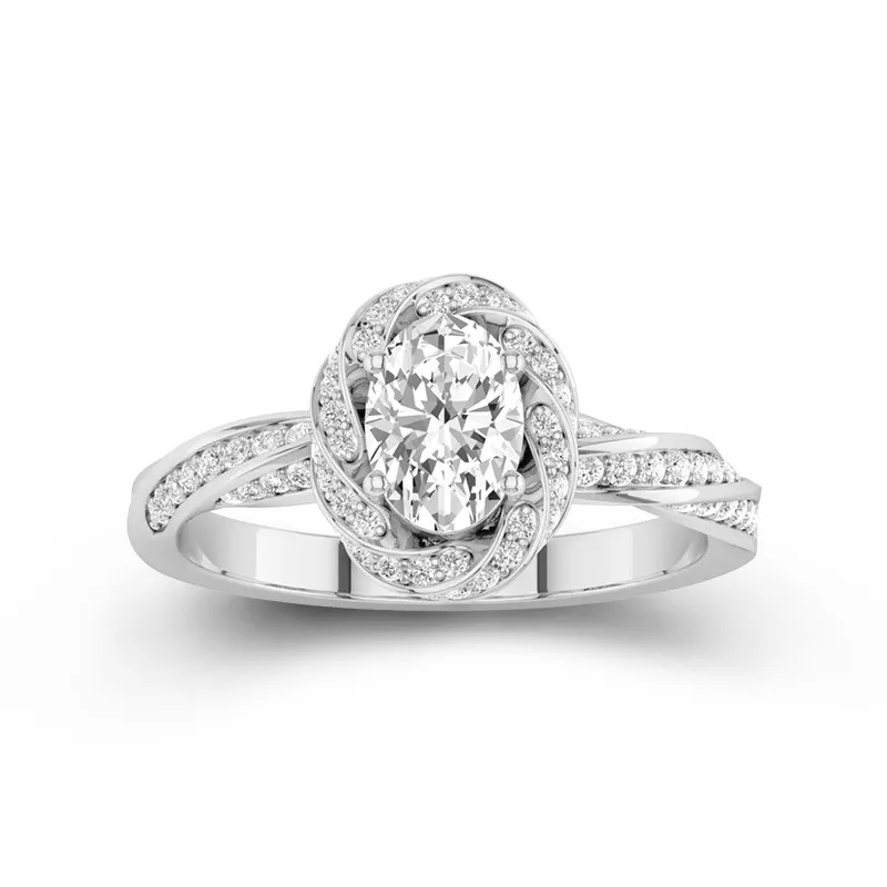 1 CT Oval Cut Twisted Pave Engagement Ring With Halo Design For Women 14K White Gold