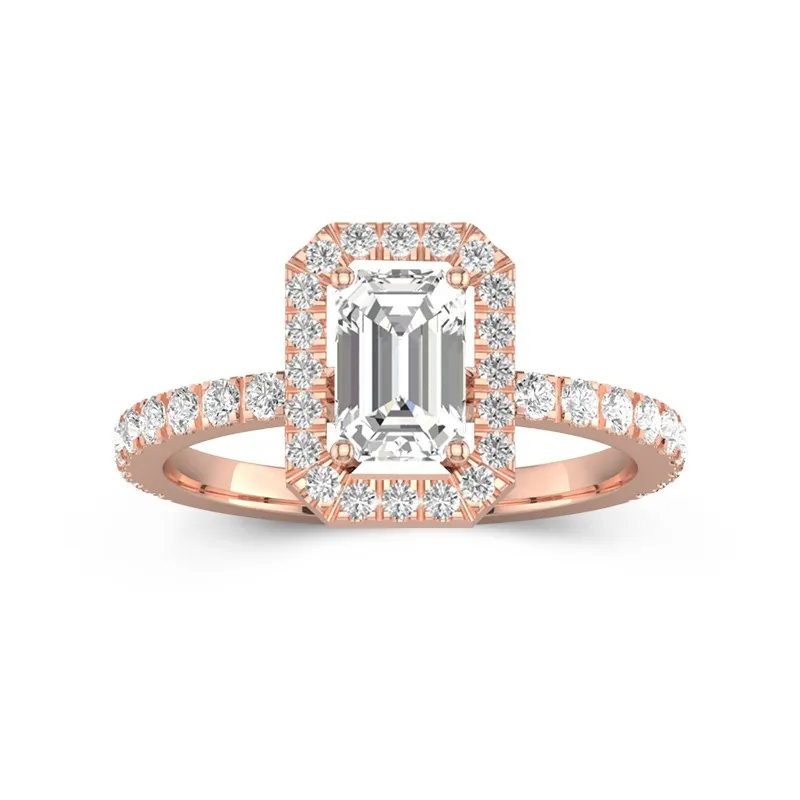 1 CT Emerald Cut Petite Engagement Ring With Halo Design Simple Style 14K Rose Gold
