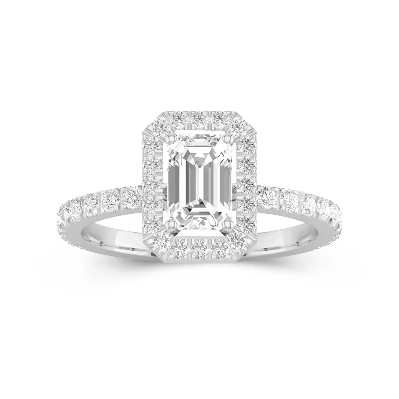 1 CT Emerald Cut Petite Engagement Ring With Halo Design Simple Style 14K White Gold