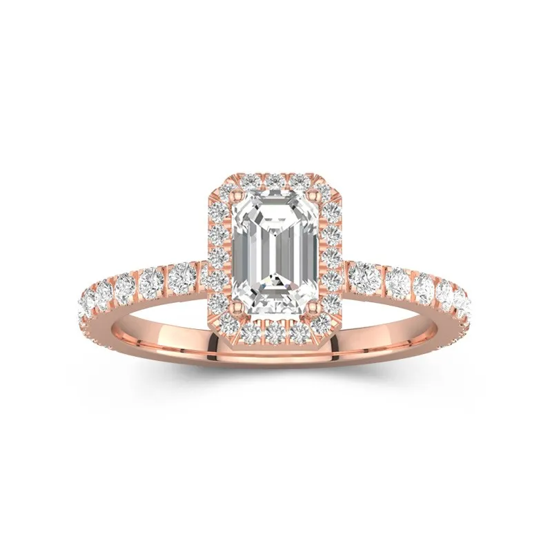 1 CT Emerald Cut Moissanite Halo Engagement Ring For Women Pave Accented 14K Rose Gold