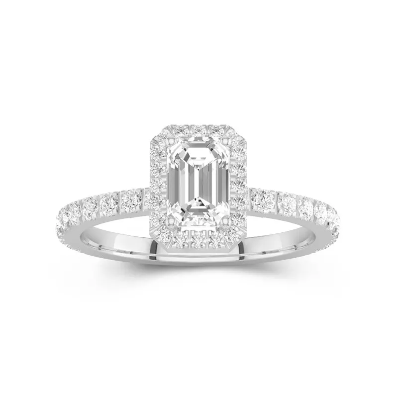 1 CT Emerald Cut Moissanite Halo Engagement Ring For Women Pave Accented 14K White Gold