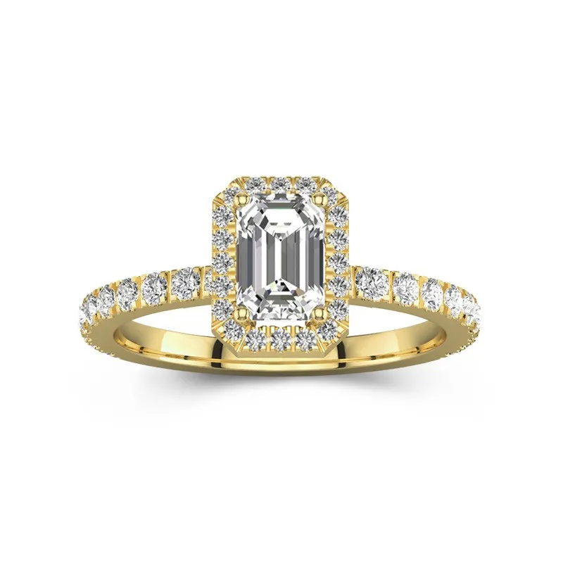 1 CT Emerald Cut Moissanite Halo Engagement Ring For Women Pave Accented 14K Yellow Gold