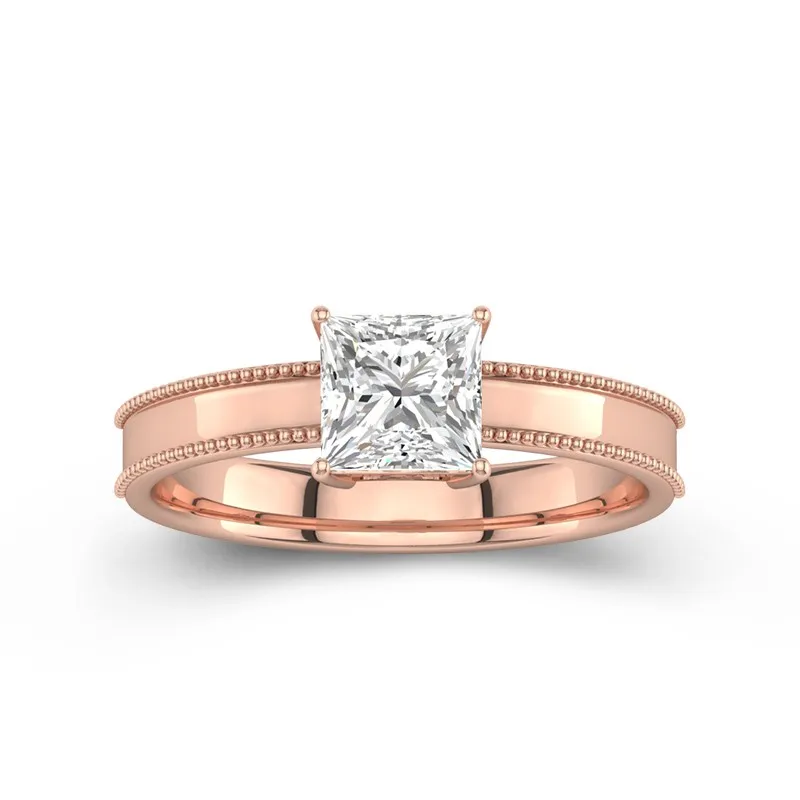 1.5 CT Princess Cut Moissanite Solitaire Ring With Beaded Milgrain Edge 14K Rose Gold