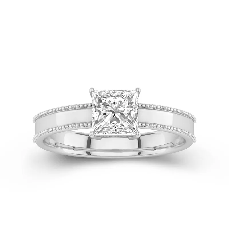 1.5 CT Princess Cut Moissanite Solitaire Ring With Beaded Milgrain Edge 14K White Gold