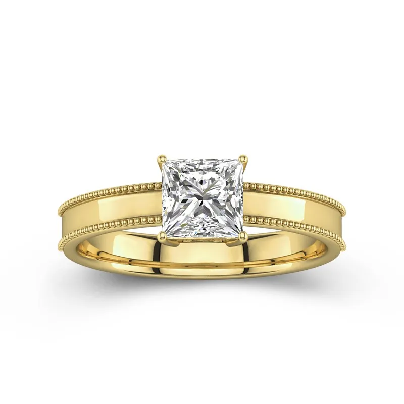 1.5 CT Princess Cut Moissanite Solitaire Ring With Beaded Milgrain Edge 14K Yellow Gold