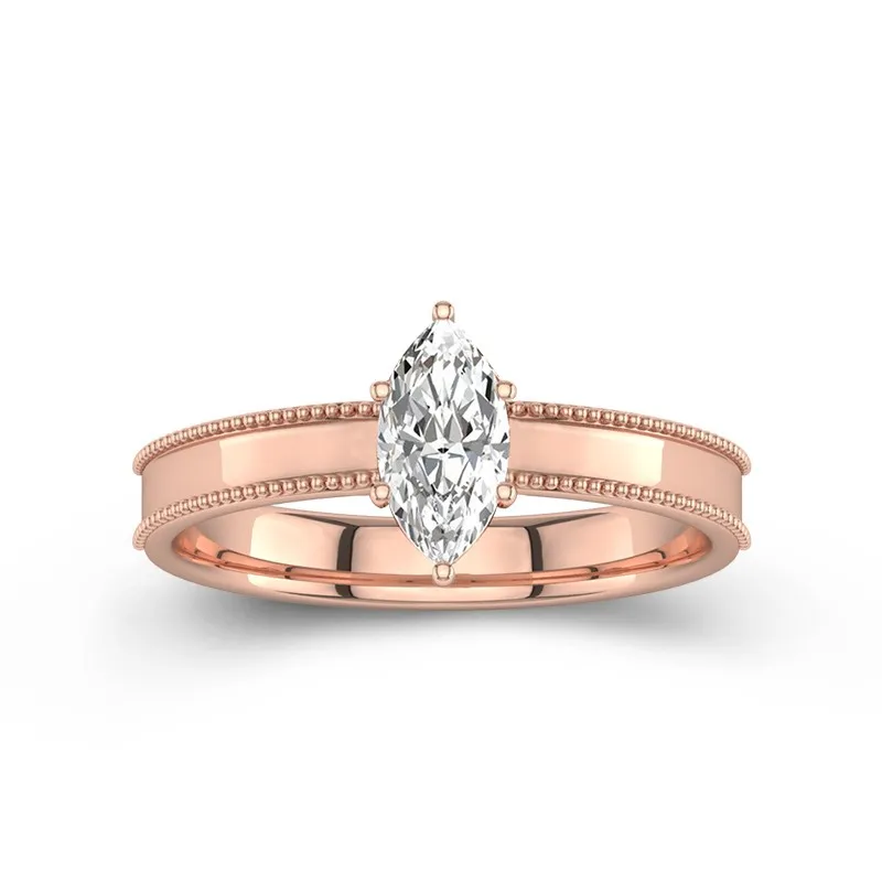 1 CT Marquise Cut Moissanite Engagement Ring Beaded Edge With Solitaire 14K Rose Gold