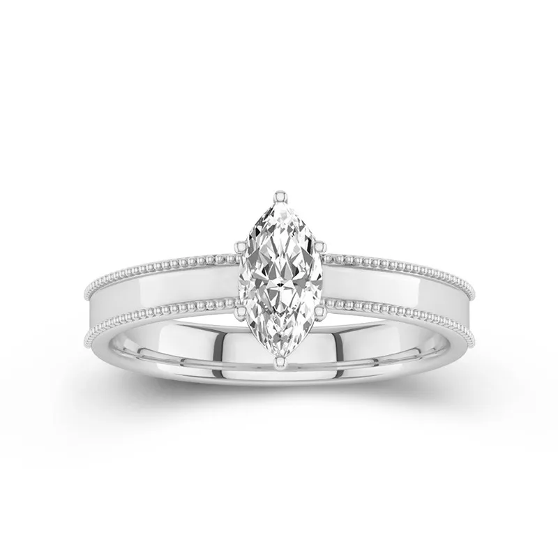 1 CT Marquise Cut Moissanite Engagement Ring Beaded Edge With Solitaire 14K White Gold