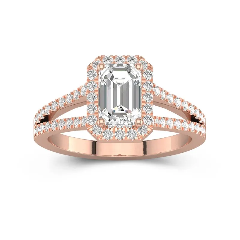 2 CT Emerald Cut Moissanite Halo Ring Split Shank Micro Pave Accented 14K Rose Gold