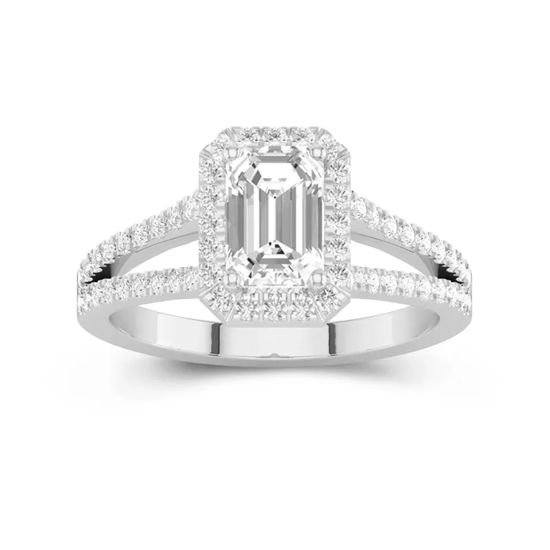 2 CT Emerald Cut Moissanite Halo Ring Split Shank Micro Pave Accented 14K White Gold