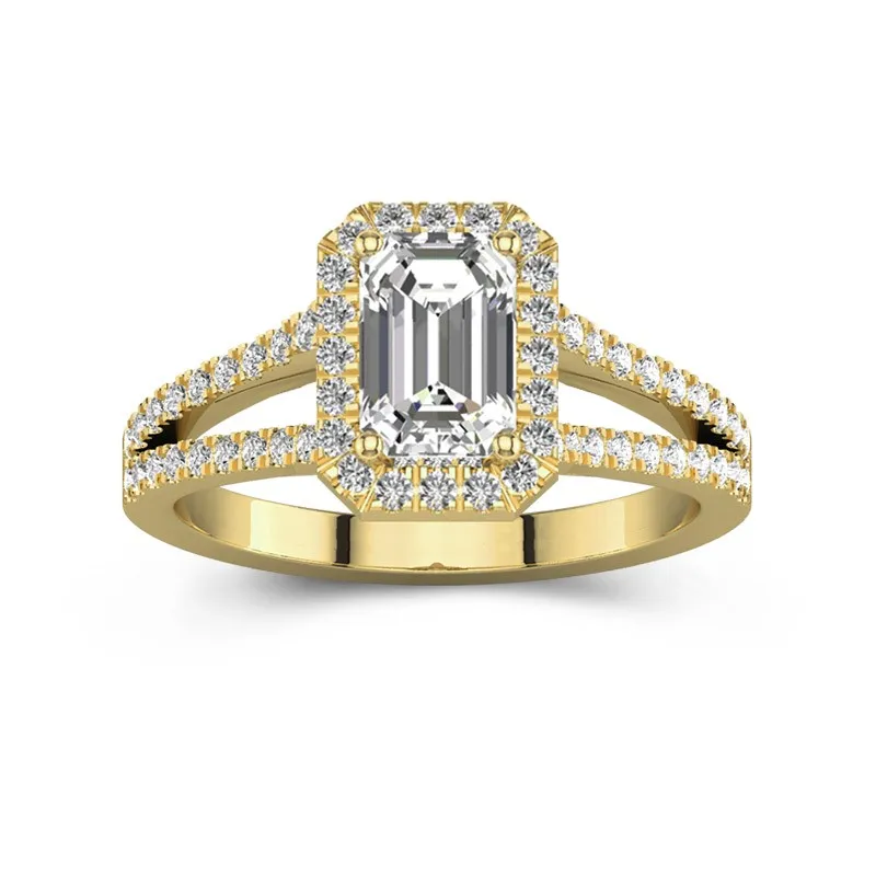 2 CT Emerald Cut Moissanite Halo Ring Split Shank Micro Pave Accented 14K Yellow Gold