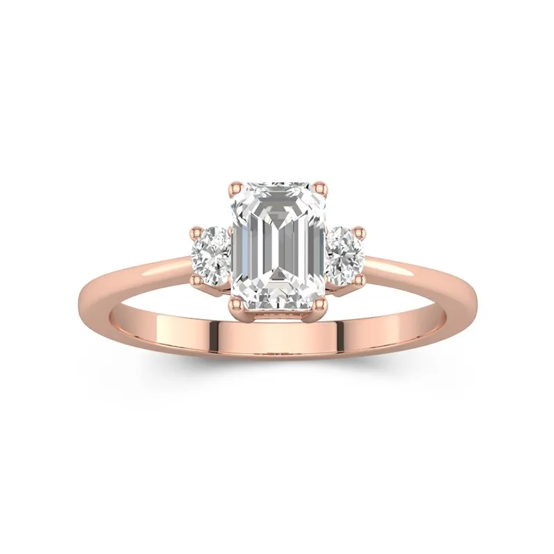 1 CT Emerald Cut Moissanite Engagement Ring With Three Stone Petite Design 14K Rose Gold
