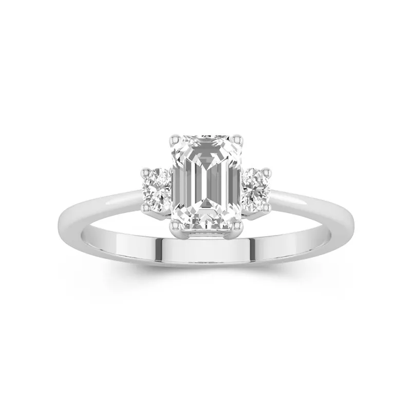 1 CT Emerald Cut Moissanite Engagement Ring With Three Stone Petite Design 14K White Gold