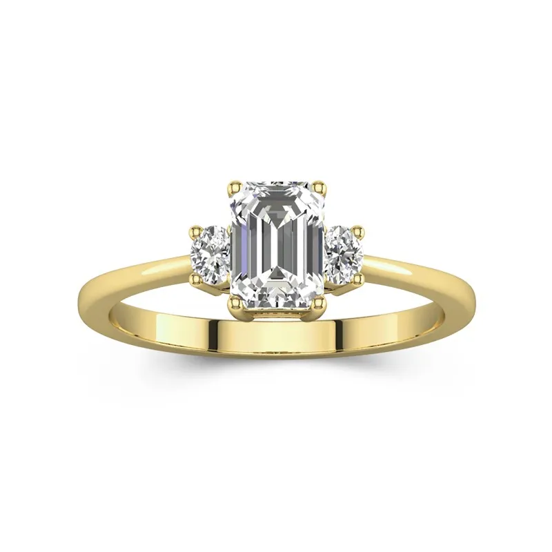 1 CT Emerald Cut Moissanite Engagement Ring With Three Stone Petite Design 14K Yellow Gold
