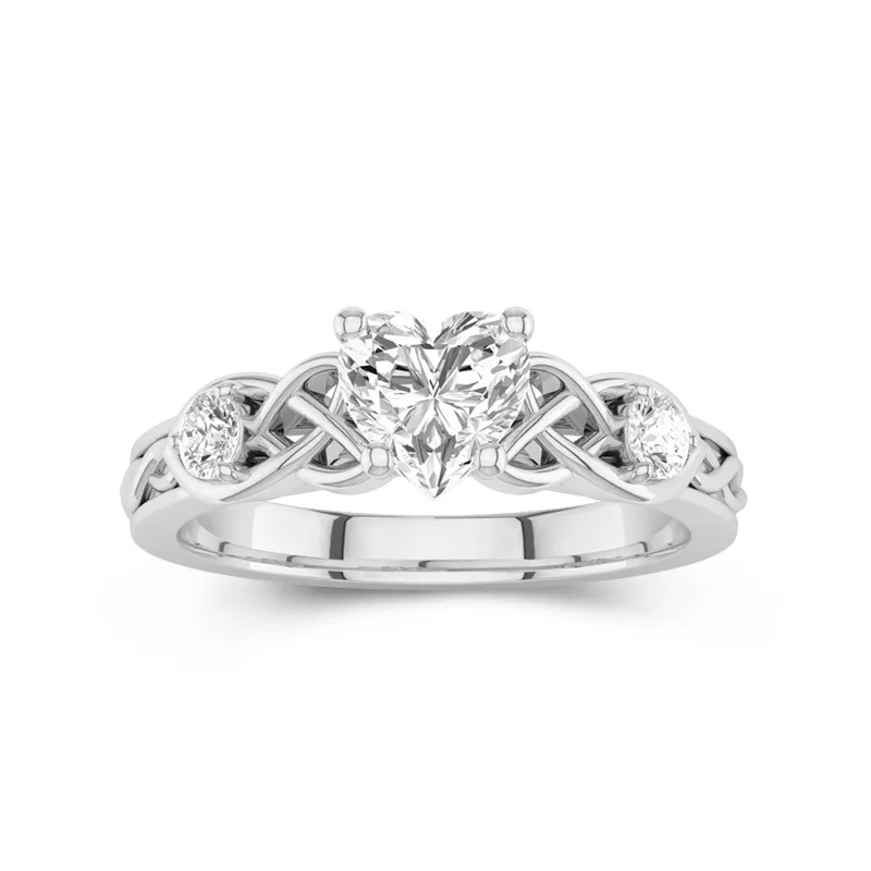 1 CT Heart Cut Moissanite Irish Rings For Women With Celtic Knot Adorned 14K White Gold