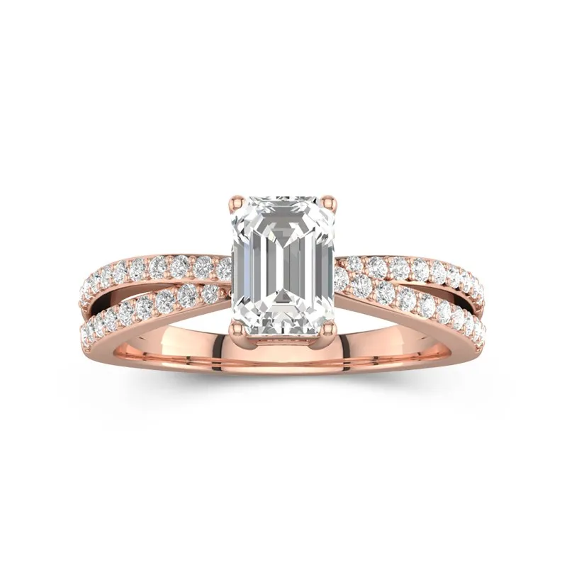 1 CT Emerald Cut Split Shank Moissanite Engagement Ring in Classic Style For Her 14K Rose Gold