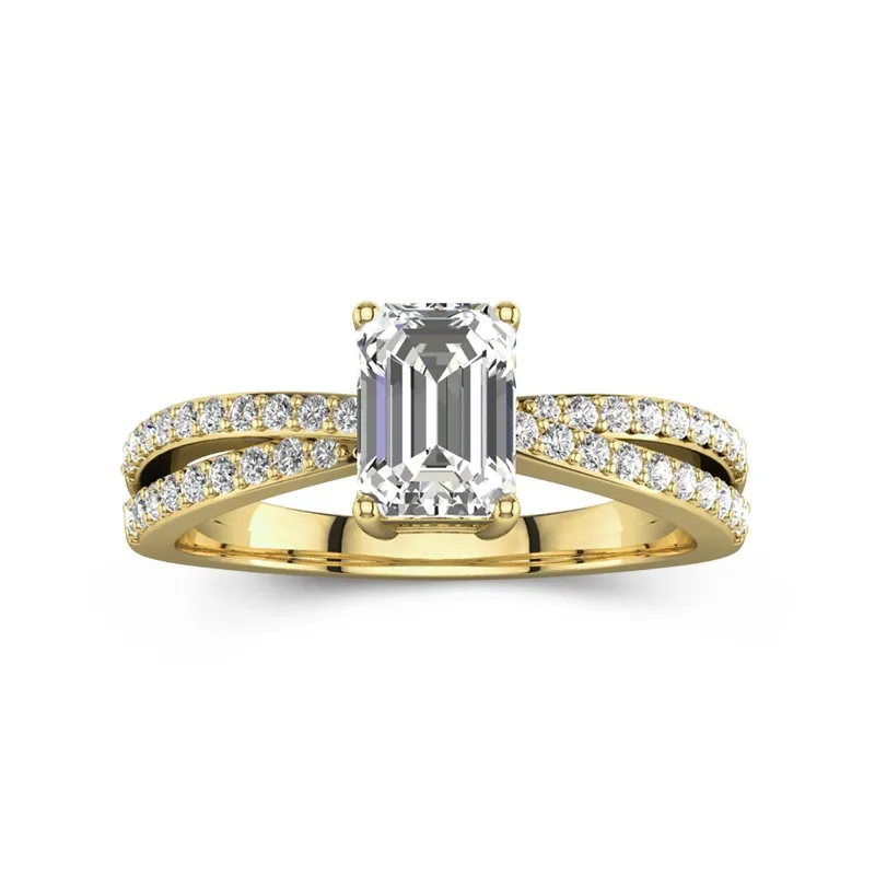 1 CT Emerald Cut Split Shank Moissanite Engagement Ring in Classic Style For Her 14K Yellow Gold