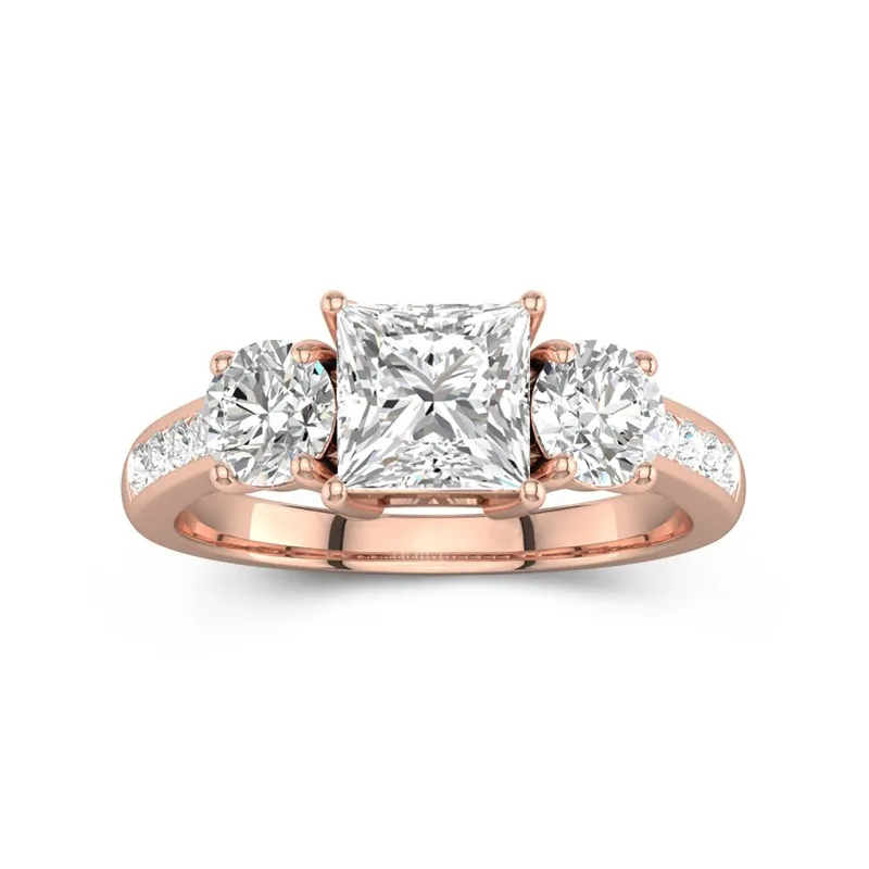 1 CT Princess Cut Moissanite Three Stone Engagement Ring With Trellis Setting 14K Rose Gold