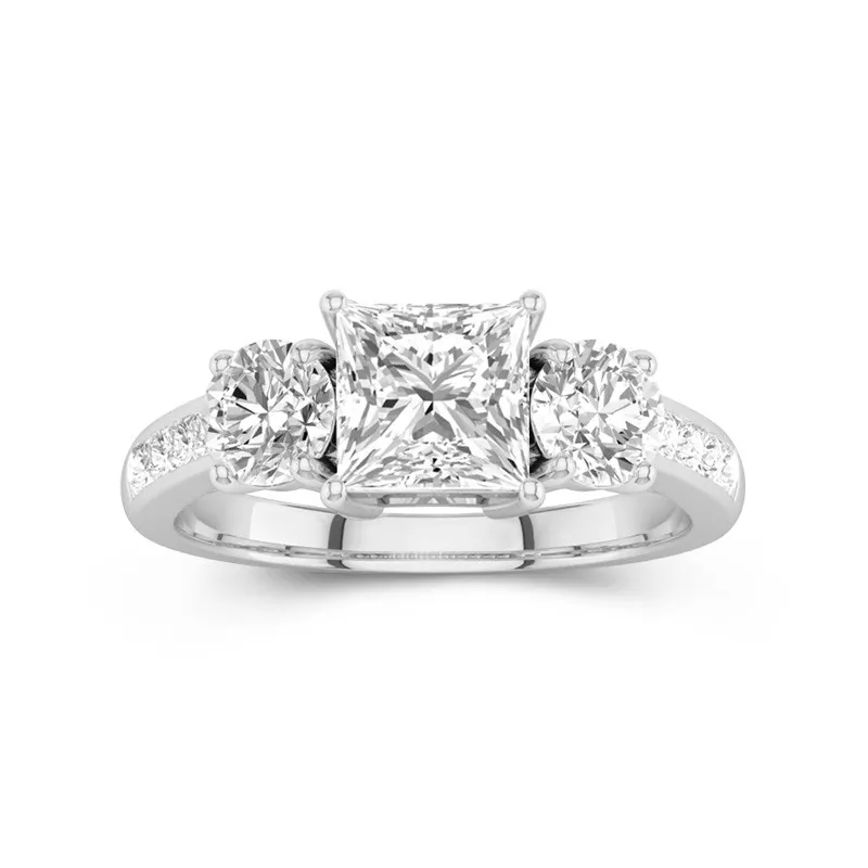 1 CT Princess Cut Moissanite Three Stone Engagement Ring With Trellis Setting 14K White Gold