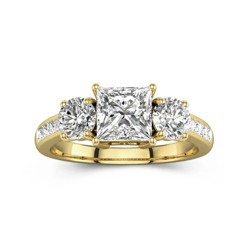 1 CT Princess Cut Moissanite Three Stone Engagement Ring With Trellis Setting 14K Yellow Gold