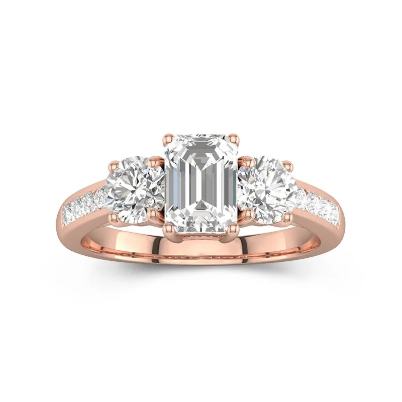 1 CT Emerald Cut Moissanite 3-Stone Trellis Ring Petite Pave Custom Design 14K Rose Gold