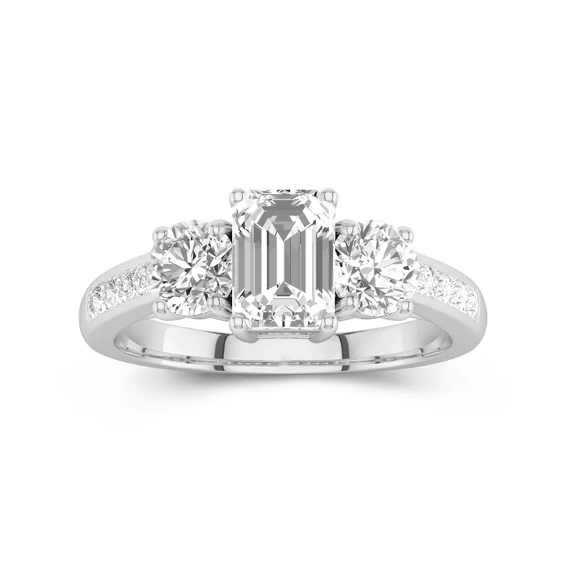 1 CT Emerald Cut Moissanite 3-Stone Trellis Ring Petite Pave Custom Design 14K White Gold