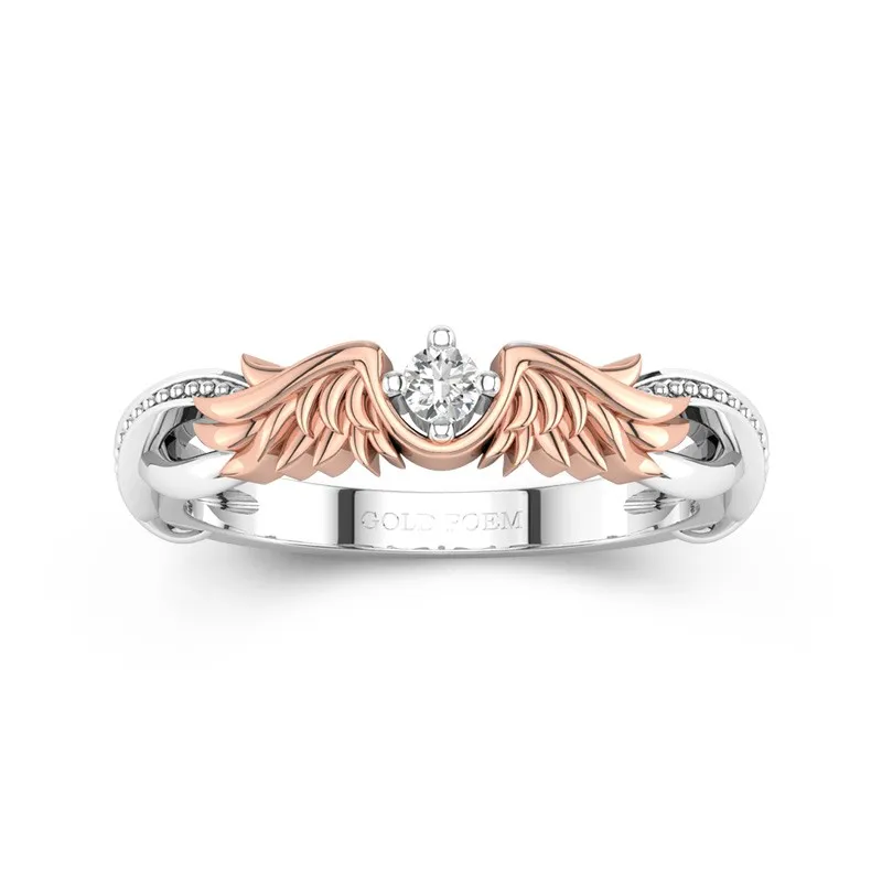 Two Tone Wedding Band With Angel Wing And Moissanite 14K Rose Gold