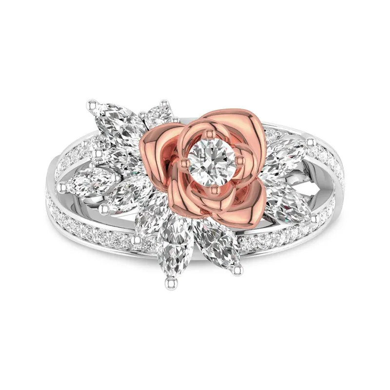 Flower Engagement Ring In Two Tone Rose Flower In Unique Style 14K Rose Gold
