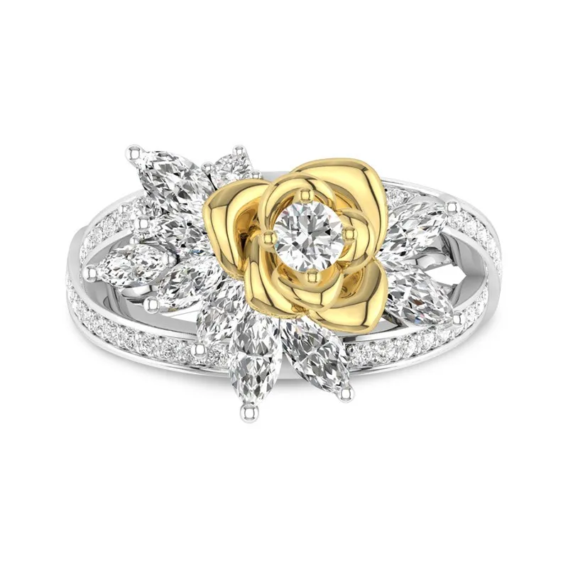 Flower Engagement Ring In Two Tone Rose Flower In Unique Style 14K Yellow Gold
