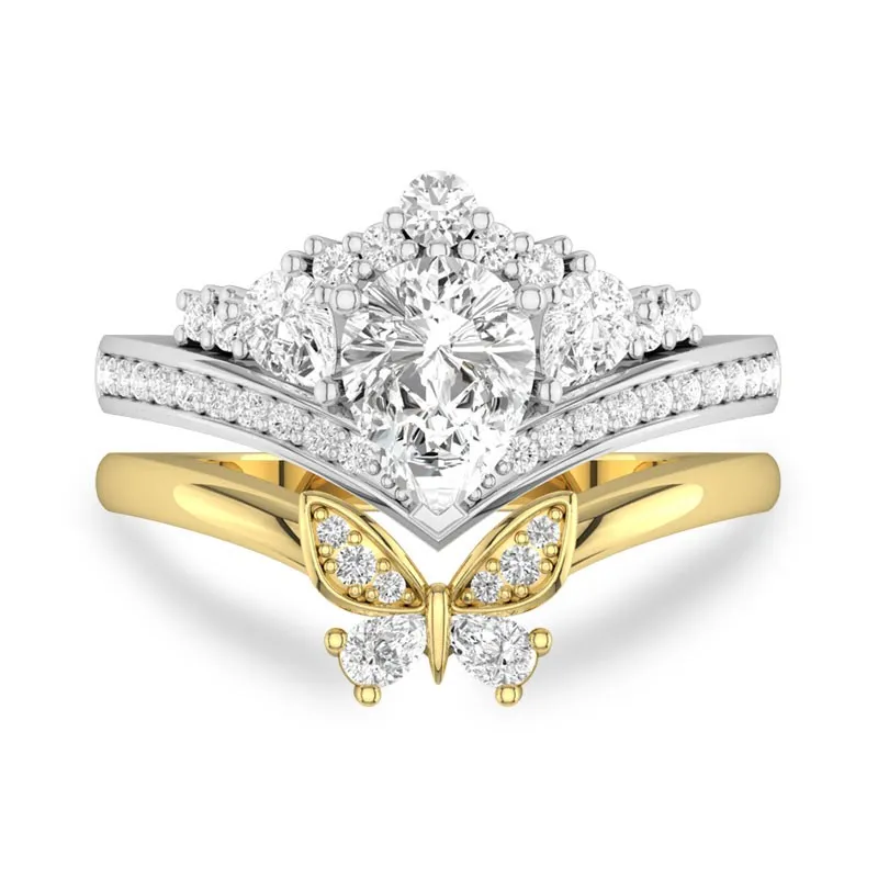 Pear Shaped Wedding Ring In Two Tone With Butterfly 14K Yellow Gold