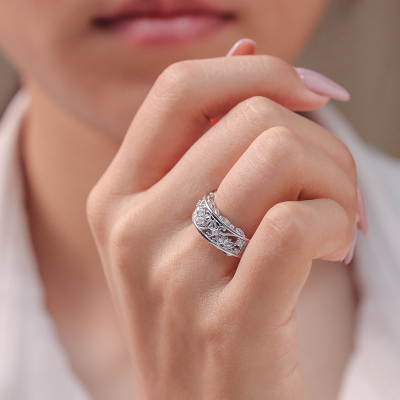 Daisy Rings For Her With Sunflower Filigree Silver Wedding Bands